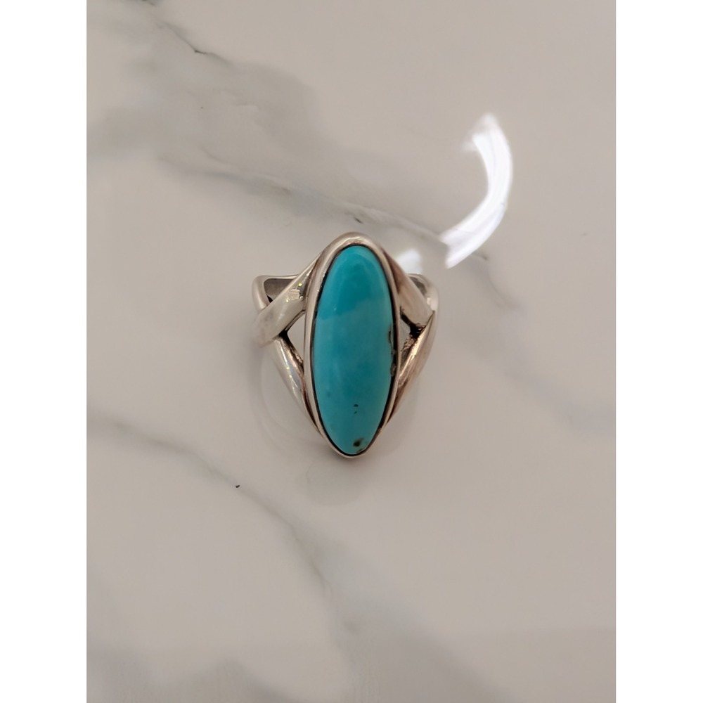Vintage Sterling Silver 925 Turquoise Oval Cabochon Split Shank Ring Size 6.25